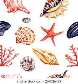 Seamless vector nautical pattern with shells. Watercolor sea  texture. Vector background. Can be used for wallpaper, surface, banner, pack, web page. Blobs, stain, paints blot. 