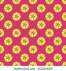 Seamless vector nautical shell pattern. Ocean themed. Trendy summer yellow sand dollar seashell shapes on a hot pink background. Perfect for fashion, textile design, home decor, and fabric design.