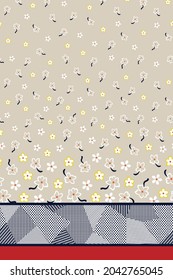 seamless vector navy stripe retro with small flowers border body pattern on cream background