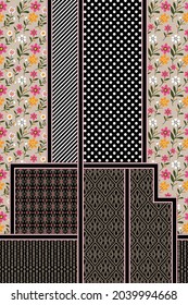 seamless vector negative bandanna with small flowers leaves border body pattern on black and cream background