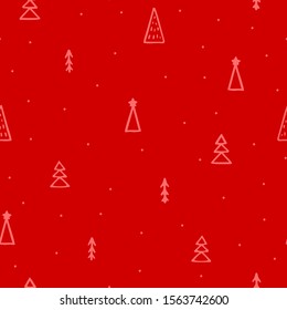 Seamless vector New Year abstract pattern. Hand-drawn pink outline Christmas trees isolated on red background. Holiday fir-trees illustration for wallpapers, posters, wrapping paper, posters, cards