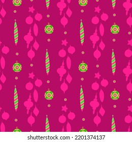 Impermeable patrón de luz vectorial de año nuevo con bolas de adorno de árbol de piel naranja y verde y siluetas rosadas sobre fondo rosado para papel textil y de envoltura o regalo.