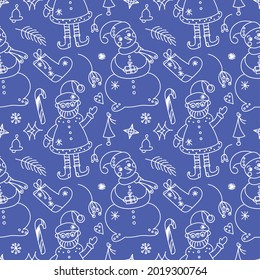 Seamless vector New Year holidays pattern with funny characters and Christmas elements. Funny winter hand-drawn background.