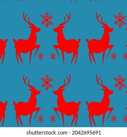 Seamless vector new year pattern with contour of deer and snowflakes. Minimal. Print for adult and children's clothing, wrapping paper for holiday gifts. Christmas