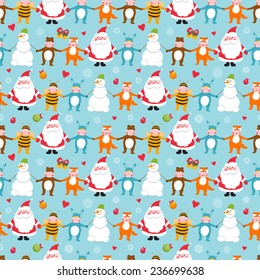 Seamless vector New Year pattern. Santa Clause and kids. 