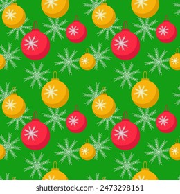 Seamless vector New Year pattern with red and yellow balls on a green background with snowflakes.