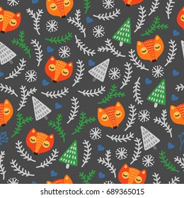 Seamless vector New Year pattern with foxes. Merry Christmas, congratulations, dark background, suitable for print, wrapping paper, clothing, fabric, office.