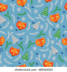 Seamless vector New Year pattern with foxes. Merry Christmas, congratulations, background, suitable for print, wrapping paper, clothing, fabric, office.