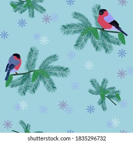 Seamless vector New Year`s pattern with fir branches, cones and bullfinches. For decoration of textiles, packaging and web design.