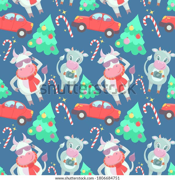 Seamless vector New Year\'s pattern with a\
Christmas tree decorated with balls, caramel canes, bulls and a red\
car. Festive pattern on a blue background. Background for fabric,\
packaging, websites