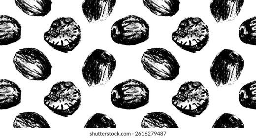Seamless vector nutmeg pattern in charcoal texture. Drawings  for textile, packaging, labels, food wrap and eco products — black and white background