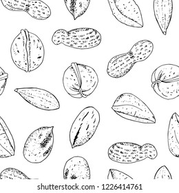 Seamless vector nuts pattern. Outline hand drawn illustration. Black and white food background isolate on white.