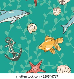 seamless vector ocean pattern with dolphin,shells  and  fish