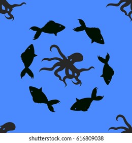 Seamless vector ocean pattern with octopus and fishes
