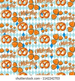 Seamless vector Oktoberfest pattern. Pretzel illustration. Gingerbread in the shape of heart.