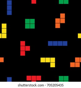 Seamless vector old school pattern. Popular game blocks in colors orange, green, yellow, blue and red on black background. Gift wrapping paper, interior, cloth, fabric, textile or web design.