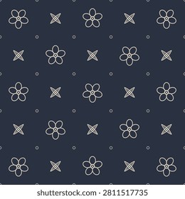 Seamless vector one color line art floral print with lattice grid alternating outline flowers and crossed leaf pairs with rings, ivory line on dark slate blue, for fabric, wrapping paper, wallpaper and packaging.