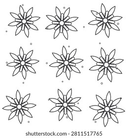 Seamless vector one color line art floral print with oversized outline peony blooms with double petal rings and stamen dots, black ink line on white, for fabric, wrapping paper, wallpaper and packaging.