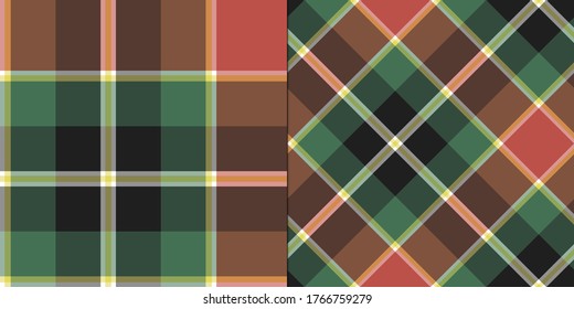 Seamless vector orange and green colored plaid patterns design.
