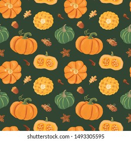 Seamless Vector Orange and Green Pumpkins Pattern with Pumpkin pie and spices on the dark background. 