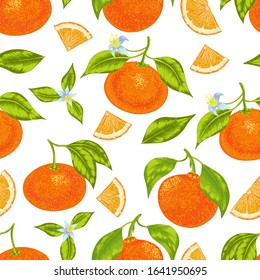 Seamless vector orange mandarin tangerine with leaves and flowers pattern. Colorful juicy background on white