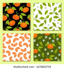 Mandarina anaranjada sin mandarina, vector de incandescencia, con un patrón de hojas y flores. Colorido fondo jugoso sobre blanco, verde, negro