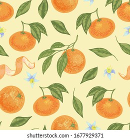 Seamless vector orange mandarin tangerine with leaves and flowers pattern. Pastel colors juicy background