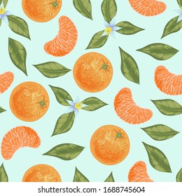 Mandarina anaranjada sin mandarina con forma vectorial, con un patrón de hojas y flores. Fondo jugoso de colores pastel