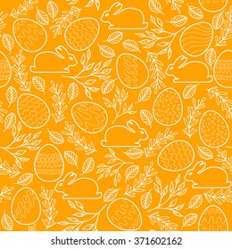 Seamless vector orange pattern with Easter eggs, bunnies and branches. Vector pattern, wrapping paper, greeting cards design
