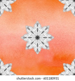 Seamless vector orange watercolor background. Floral round oriental ornament. 