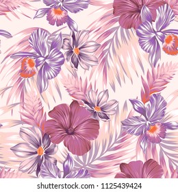 Seamless vector orchids pattern. Pale orchids in shades of pink, red, purple. Palm leaves with tender colors and flowers. 