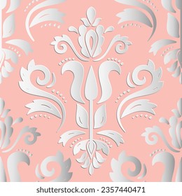 Ornamento oriental de color rosa y blanco, sin foco. Patrón tradicional oriental con elementos 3D, sombras y resaltados