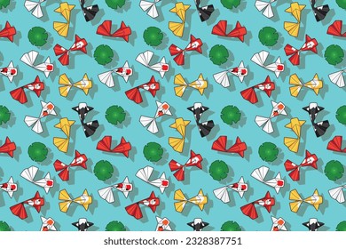 Seamless vector of Origami or Japanese paper folding varies type of Koi fish or Japanese carp fish swimming in lotus pond drawing in colorful cartoon vector