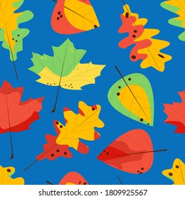 Ornamento vectorial sin foco con hojas abstractas de otoño sobre un fondo azul.