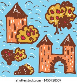 Seamless vector ornament consisting of expressively painted castles, turrets and trees. Imitation of oil painting with greasy strokes. Retro childish style ornament.