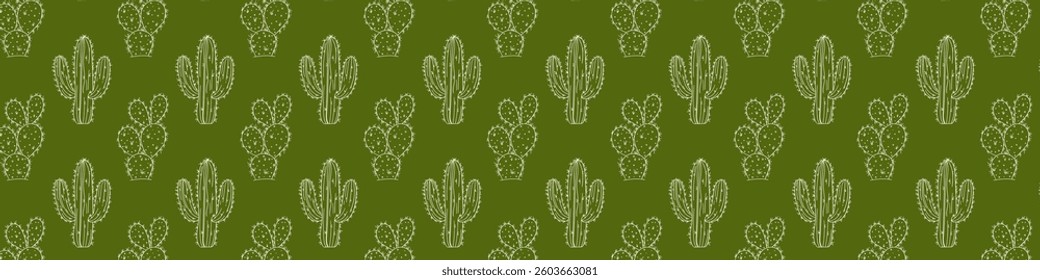 Seamless vector Ornament endless pattern. hand drawn cactus and succulents outline on green background