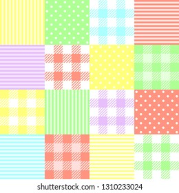 Seamless vector ornament: fabric in patchwork style. Set of 16 squares: checkered, polka dot, stripe