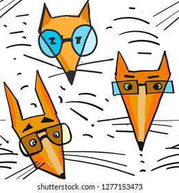 Seamless vector ornament with faces of chanterelles on a white background in glasses of different shapes. Business foxes with glasses in bright colors.