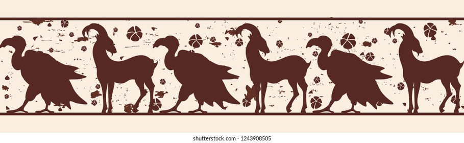 Seamless vector ornament with a goat and a vulture for a frame in ancient style with the effect of aging.