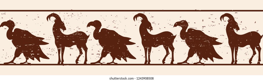 Seamless vector ornament with a goat and a vulture for a frame in ancient style with the effect of aging.