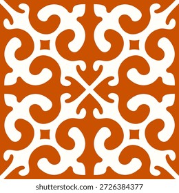 Seamless vector ornament inspired by Central Asian nomadic ram horn motifs in bold red cinnabar and white palette, featuring strong graphic contrast suitable for ceremonial textiles, ethnic branding, posters and statement decor