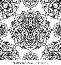 Seamless vector ornament of mandalas. Oriental pattern with round elements. Sketch tablecloth, wallpaper, carpets, shawls.