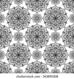 Seamless vector ornament of mandalas. Oriental pattern with round elements. Template for tablecloth, wallpaper, carpets, shawls.