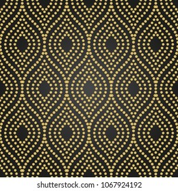 Seamless vector ornament. Modern black and golden dotted wavy background. Geometric modern pattern