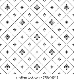 Seamless vector ornament. Modern geometric pattern with royal lilies. Black and white background