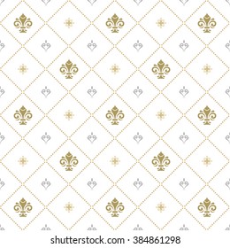 Seamless vector ornament. Modern geometric pattern with golden royal lilies