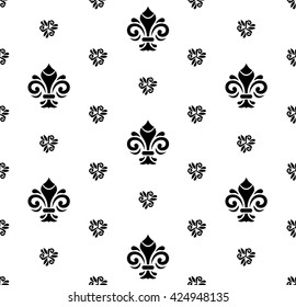 Seamless vector ornament. Modern geometric pattern with royal lilies. Black and white pattern