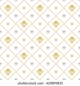 Seamless vector ornament. Modern geometric pattern with royal lilies. Light silver and golden pattern