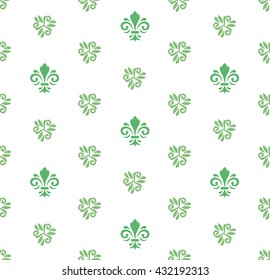 Seamless vector ornament. Modern geometric pattern with royal lilies. Green and white pattern