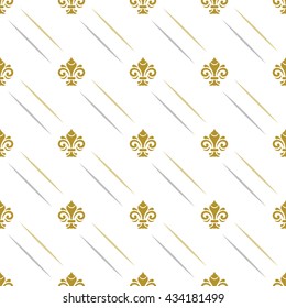 Seamless vector ornament. Modern geometric pattern with royal lilies. Silver and golden pattern